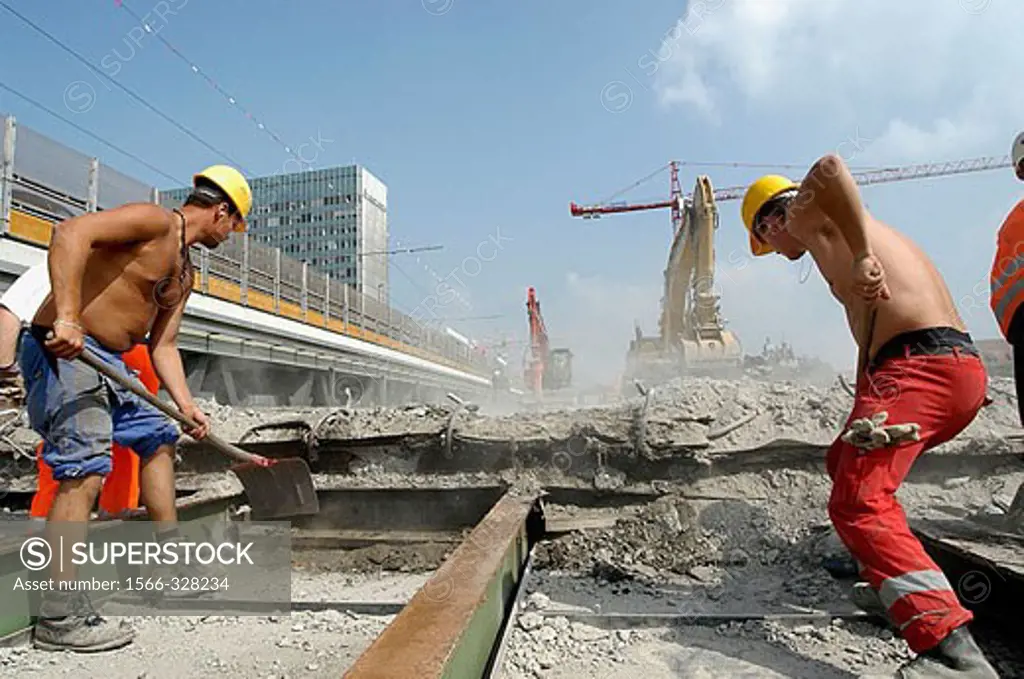 Construction workers at demolition of the old ´Drei Rosen´ bridge in Basel, Switzerland
