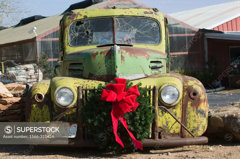 Old Pickup truck with Christmas Decorations. Panhandle Area. Childress.Texas, USA.