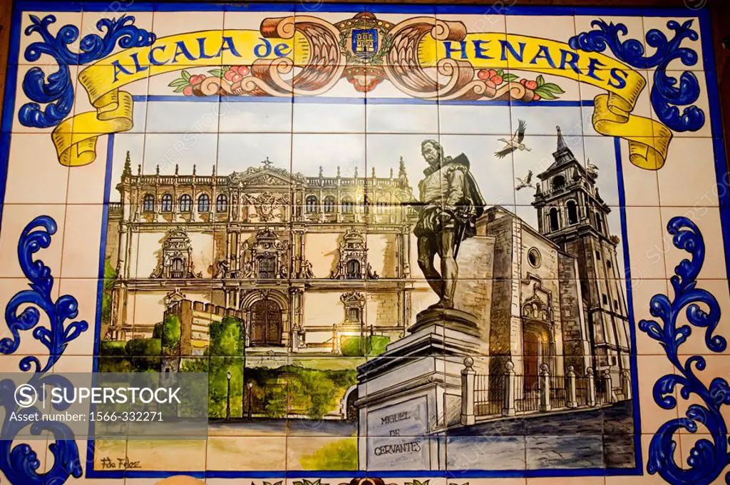 Tiles depicting statue of Cervantes at the old Colegio Mayor de San Ildefonso (now rector´s office) of the University of Alcalá de Henares, Alcalá de ...