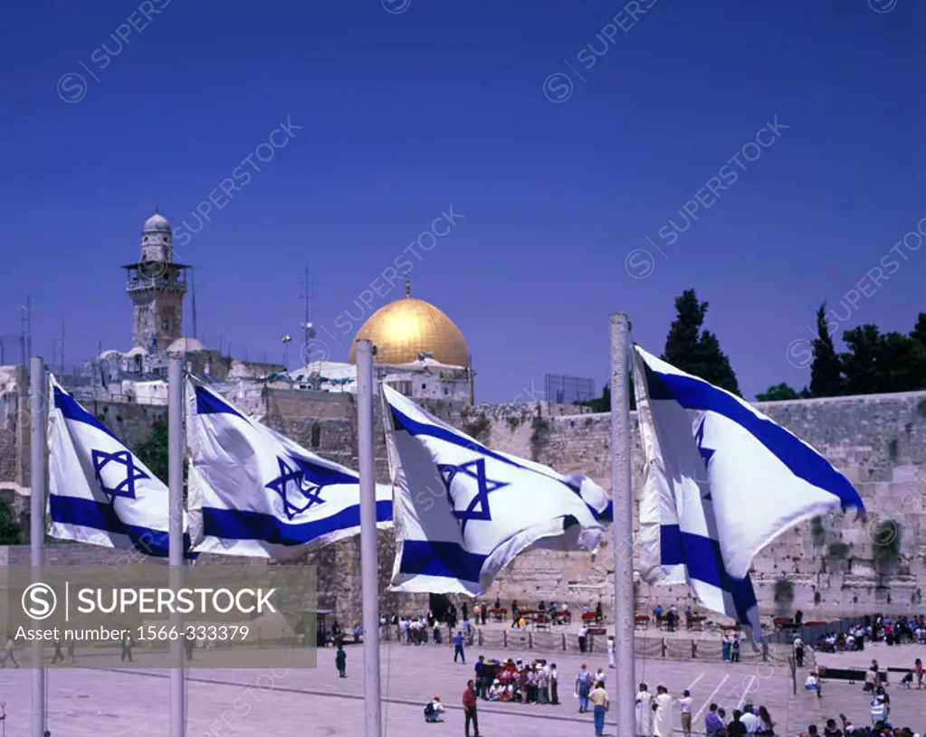 Isreali Flags, Western ´wailing´wall & Omar Mosque, Jerusalem, Israel.