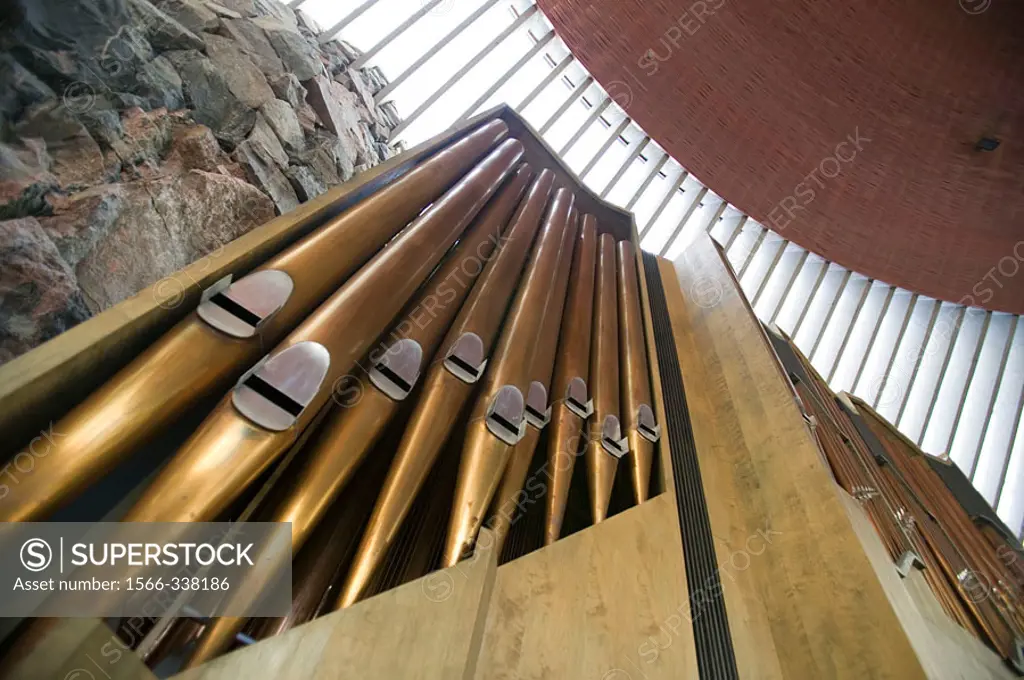 Organ pipe in the underground rock-cut Temppeliaukio Church. Helsinki. Finland