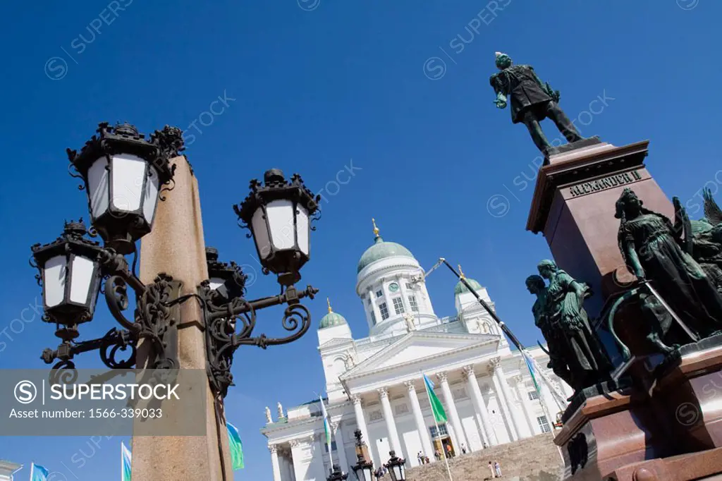 Cathedral and statue of Alexander II on Senate Square in old town. Helsinki. Finland