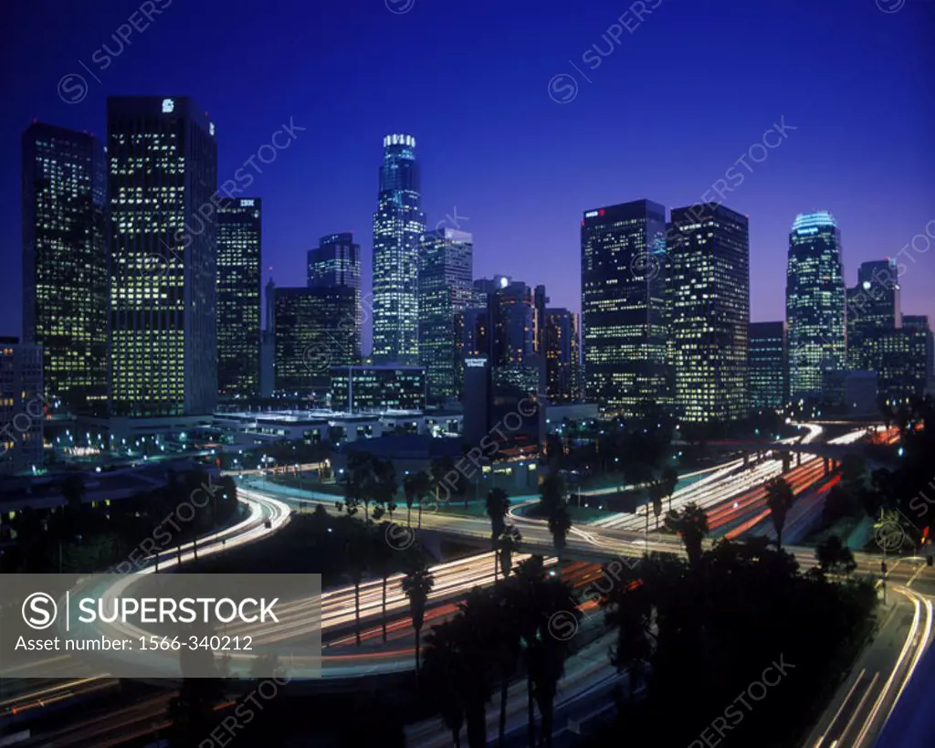 Downtown Skyline & Harbor Freeway, Los Angeles, California, Usa.