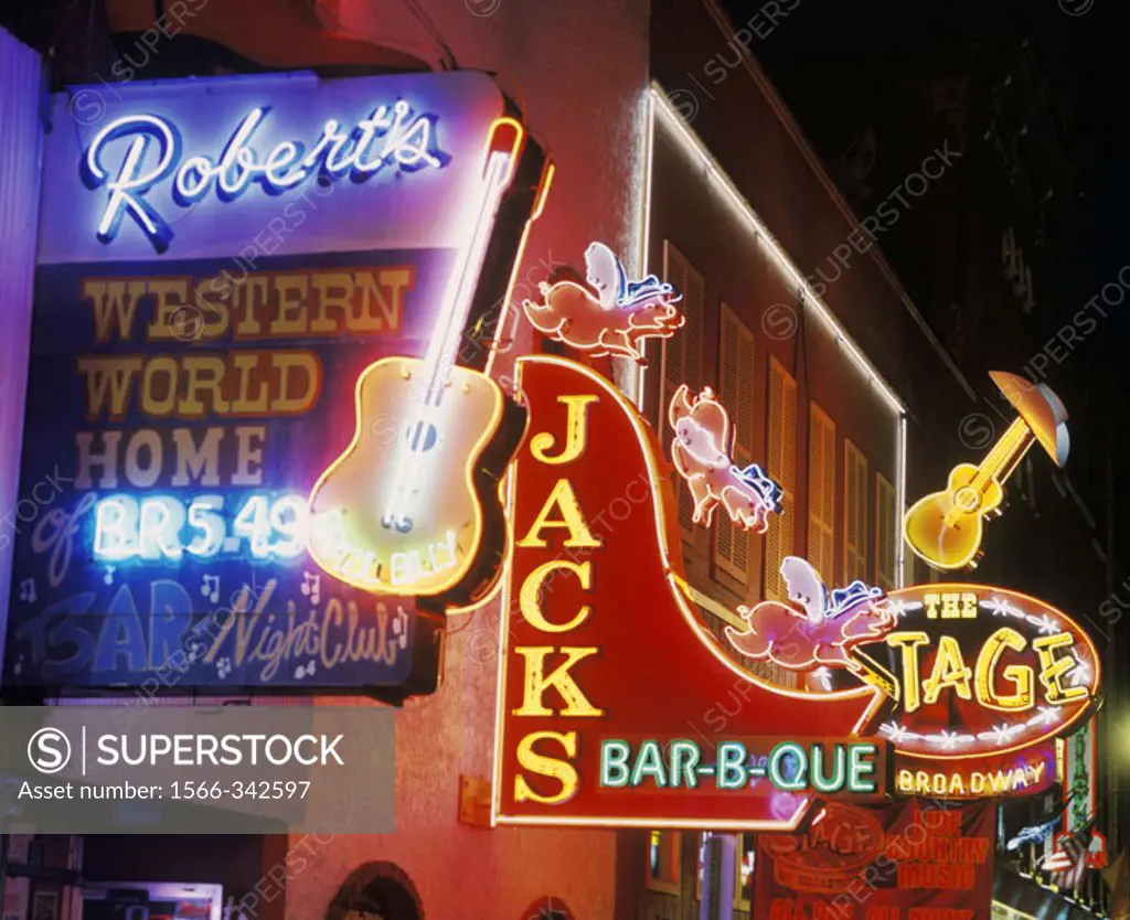 Neon Bar & Restaurant Signs, Lower Broadway, Nashville, Tennessee, Usa.