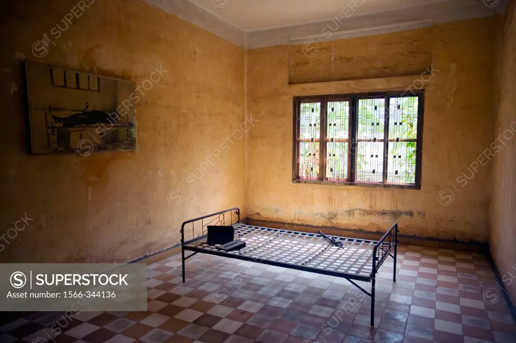 Cell where Khmer Rouge interrogated and murdered prisoners. Toul Sleng Genocide Museum. Phnom Penh. Cambodia