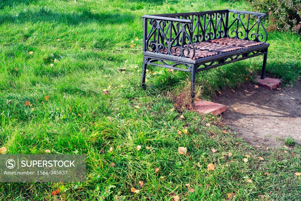 Cast-iron bench and green grass.