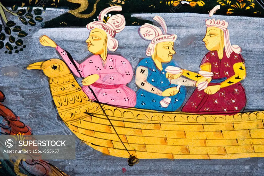 Detail from painting from 17th century Persian manuscript  Men and woman in boat on river or lake  Man fishing from boat
