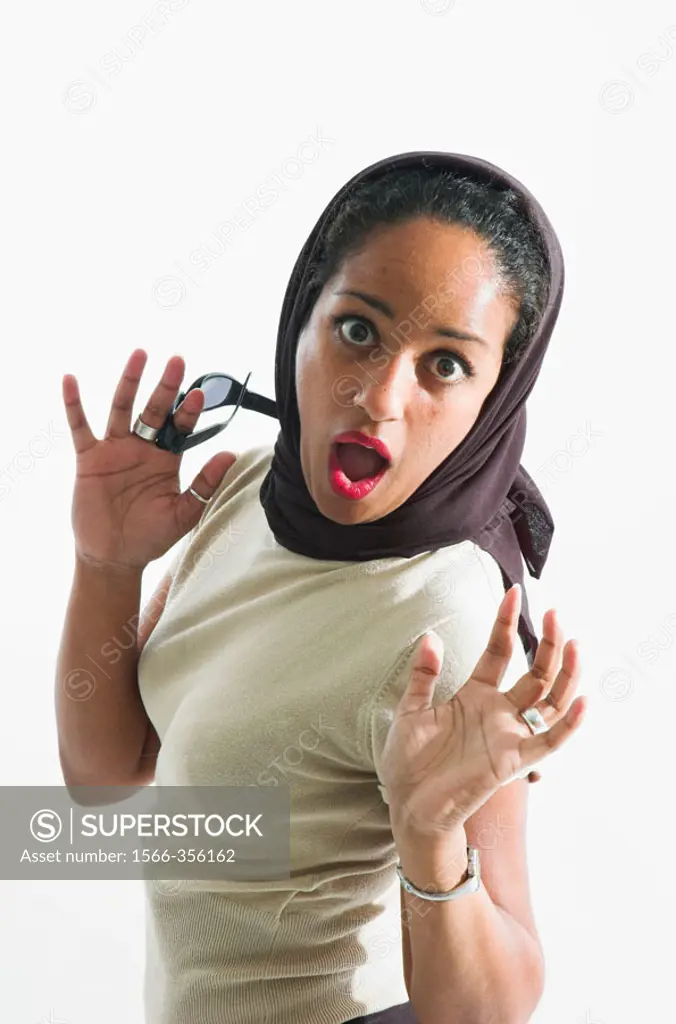 Young woman reacting with surprise.
