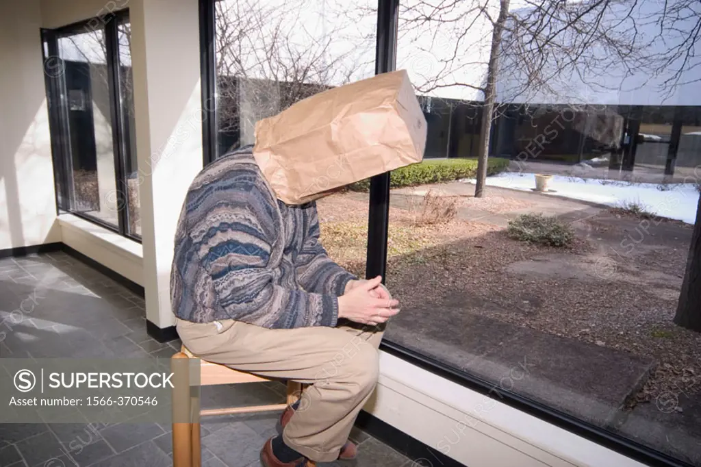 Man, sitting next to a large window, wearing a paper grocery bag over his head.
