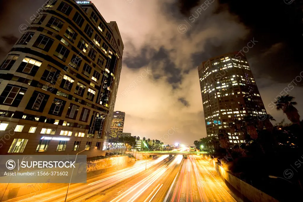 Cloudy night scene over freeway in downtown Los Angeles, California. USA.