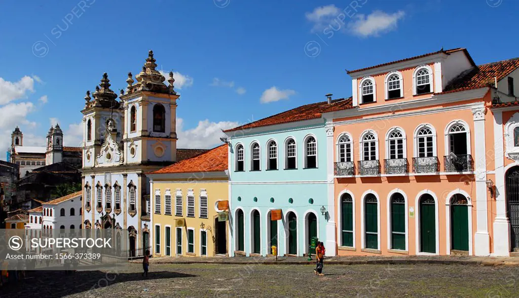 Street and Nossa Senhora do Rosario dos Pretos church in background. Salvador da Bahia. Brazil