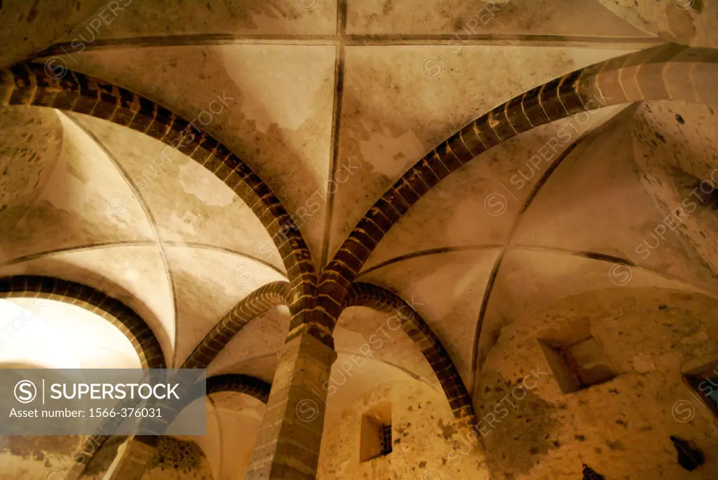 Medieval arch in the cellar. Typical countryhouse of Son Sant Andreu. Porreres Comarca de Es Pla. Sant Joan. Mallorca. Baleares. Spain.