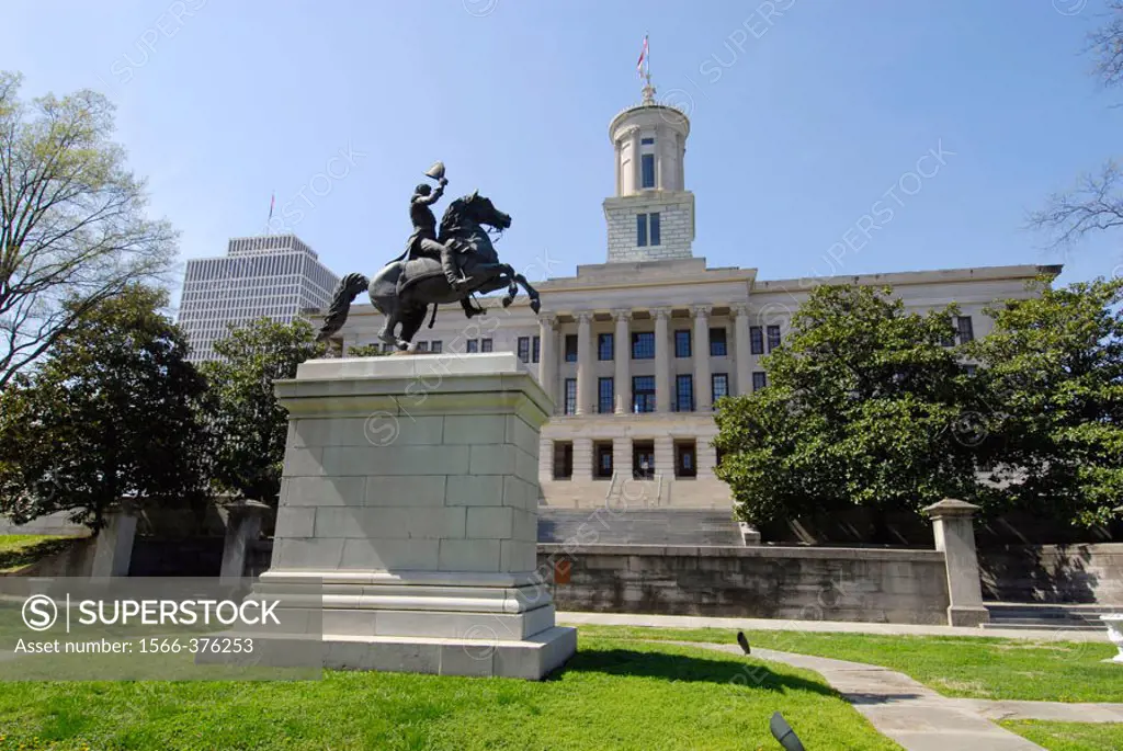 Statue of Andrew Jackson at State Capitol and Surrounding Statues and Monuments Nashville Tennessee. USA.
