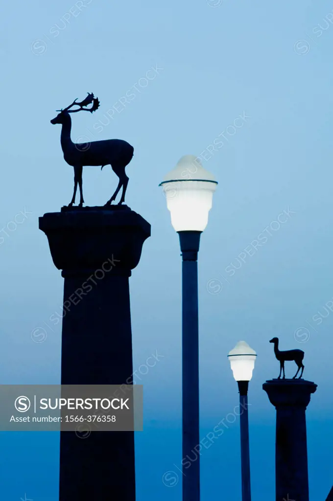 Stag Column (Symbol of Rhodes). Mandraki Harbor. Dawn. Rhodes. Dodecanese, Greece