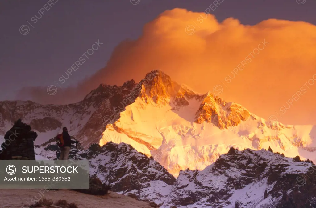 Trekker at dawn on Kangchenjunga (8595 metres), Talung face from Dzong Ri, Sikkim, India. Most easterly of the 8000 metre peaks.