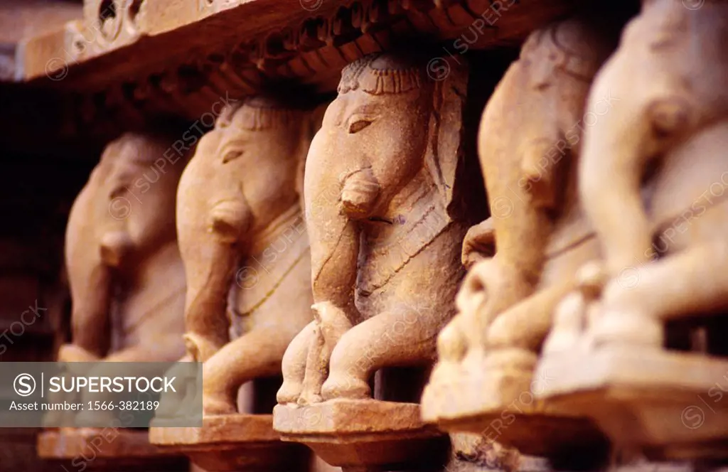 Elephant reliefs in the Chandella temple of Vishvanatha (s.XI). Khajuraho. Madhya Pradesh. India.