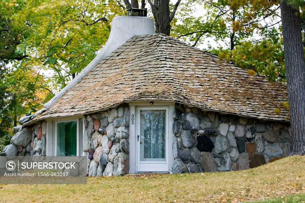 Mushroom stone cottage of the Boulder Park neighborhood. Charlevoix. Lake Michigan Shore. Michigan. USA.