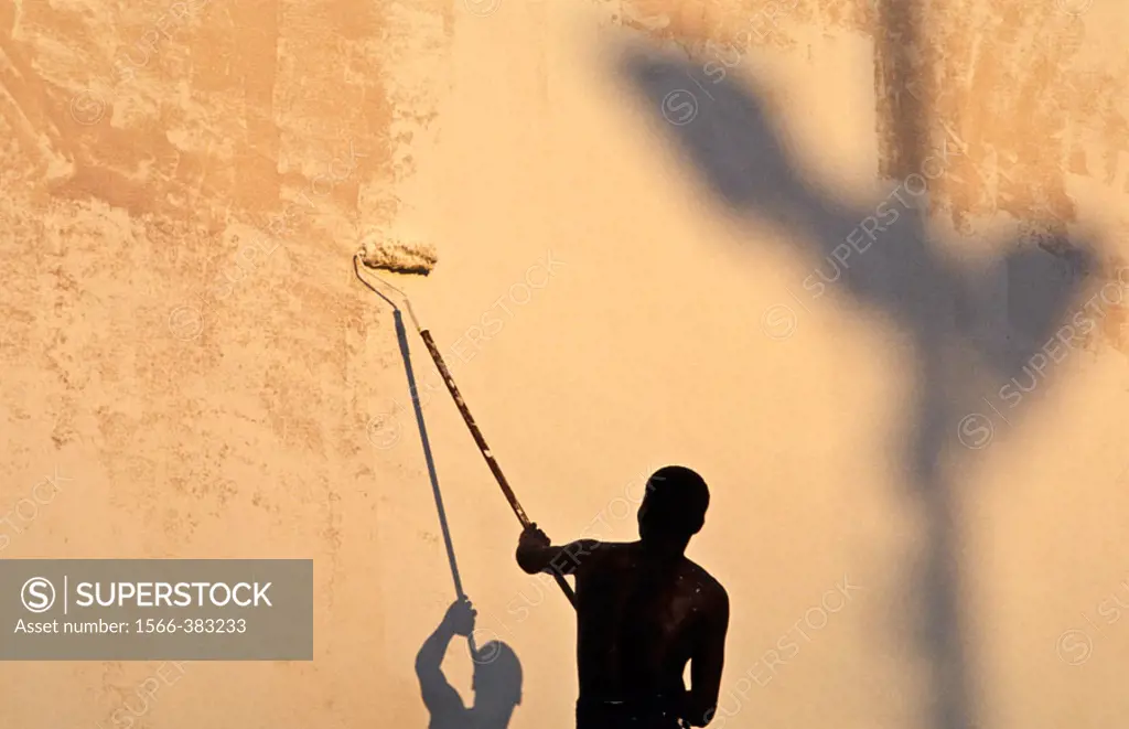 Black worker. Wall painter. Informal economy, Rio de Janeiro, Brazil.