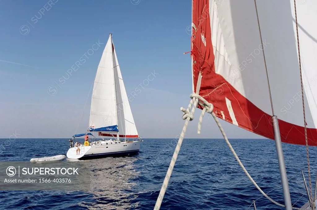 Sailing between islands. Southern Dalmatian coast. Croatia.