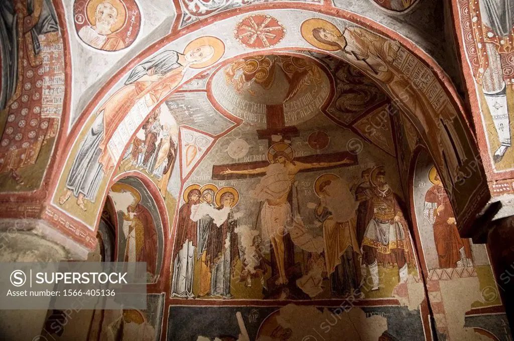Christian frescoes in a church excavated into rock. Cappadocia, Turkey