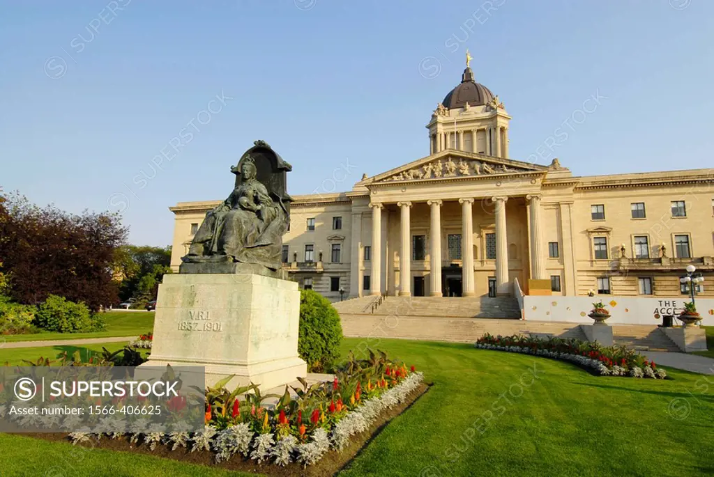 Provincial Capital Legislative Building Winnipeg Manitoba Canada designed by Frank Worthington Simon and Henry Boddington III with Queen Victoria stat...