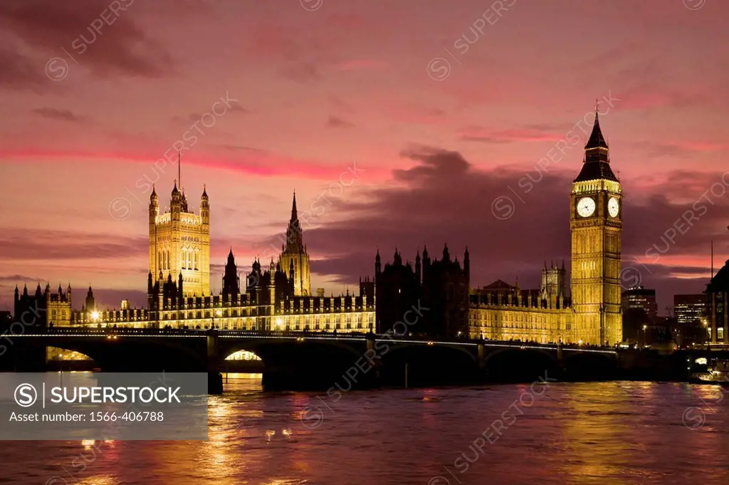 Houses of Parliament, River Thames and Westminster Bridge, London, England