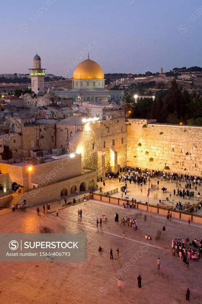 The Western Wall of Jerusalem with the dome of the rock in the background, Israel