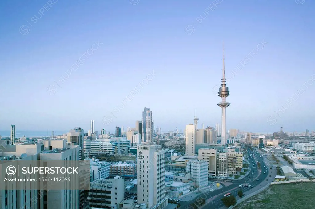 KUWAIT-Kuwait City: High View of Liberation Tower and City at Sunset