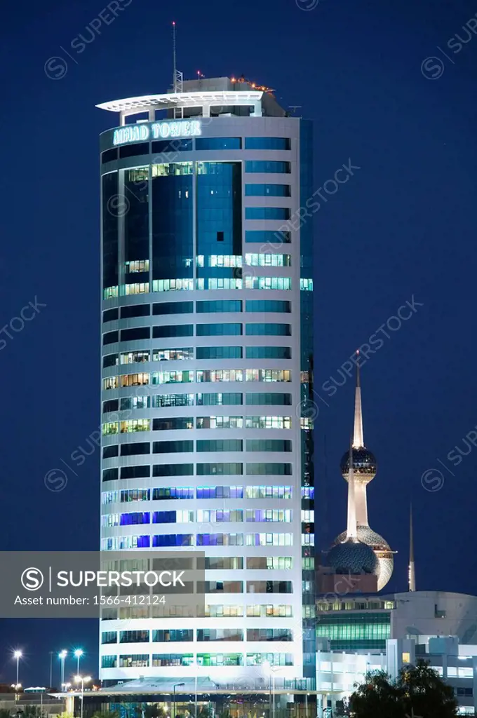 KUWAIT-Kuwait City: Ahmad Tower Skyscraper and Kuwait Towers / Evening