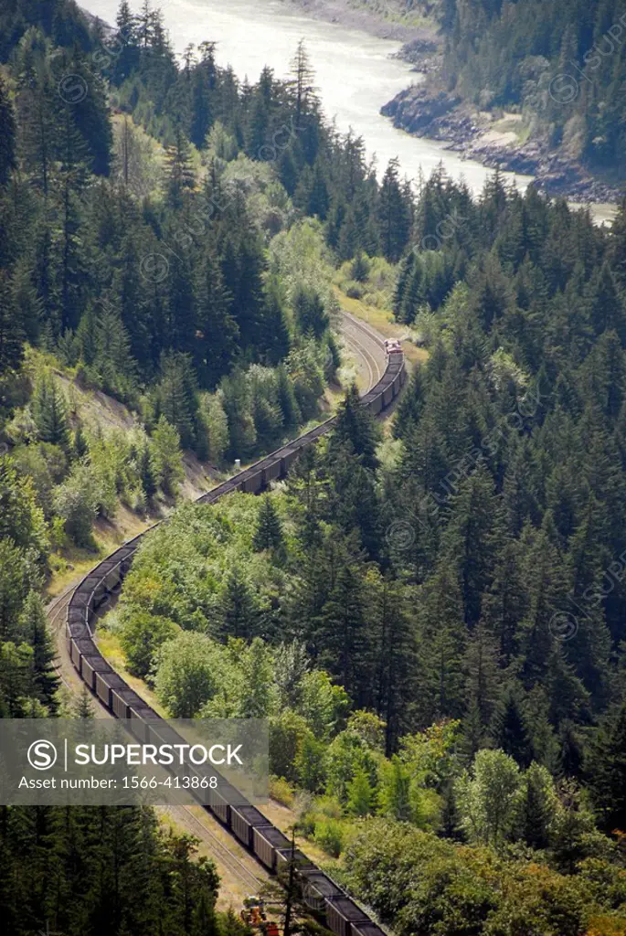 Canadian Pacific Railroad travels along Highway 1 in the Fraser River Valley near Cache Creek British Columbia BC Canada transportation economy transp...