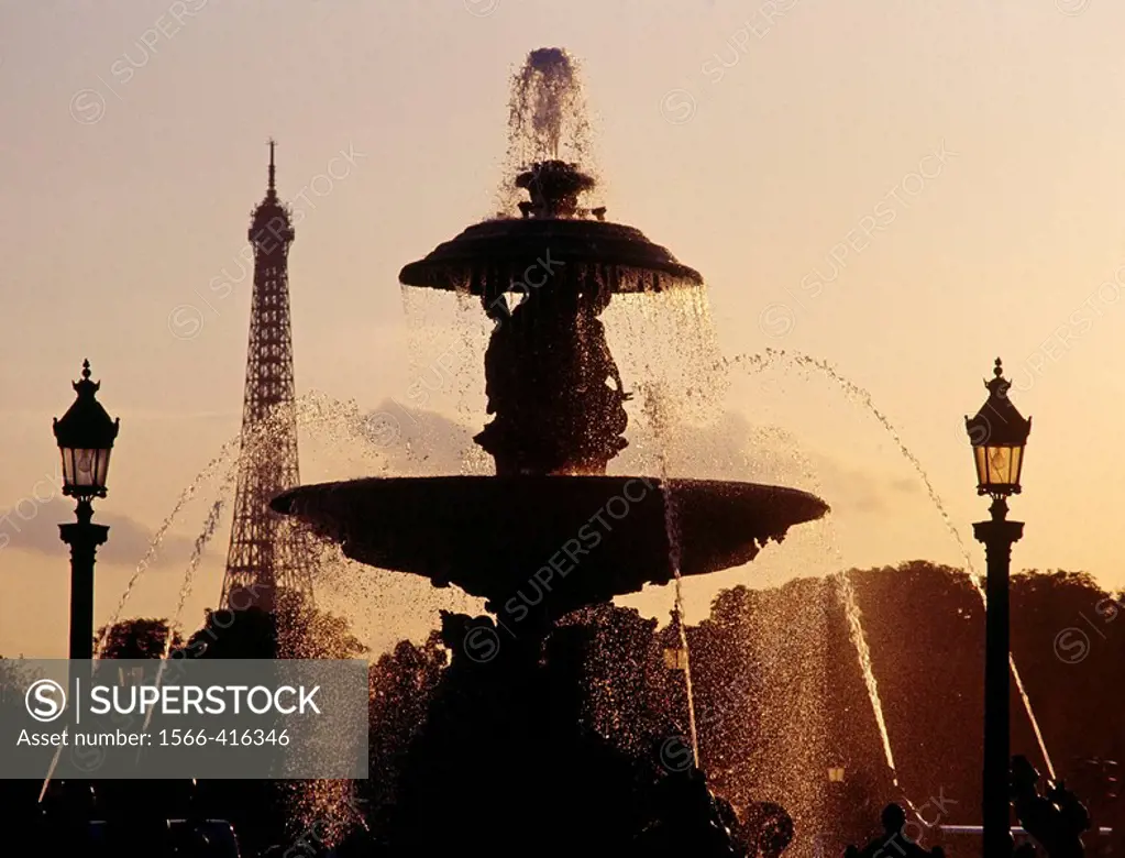 Eiffel Tower and Fountain at Palais Royal, Paris, France
