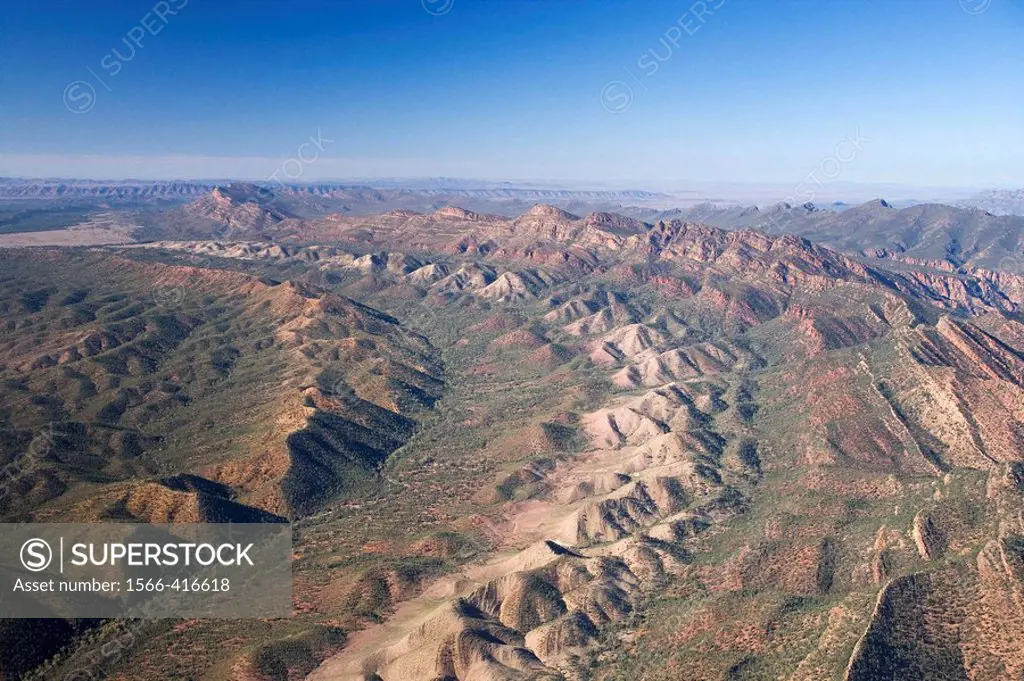 ABC Range left, Heysen Range and Wilpena Pound, Flinders Ranges, South Australia, Australia - aerial