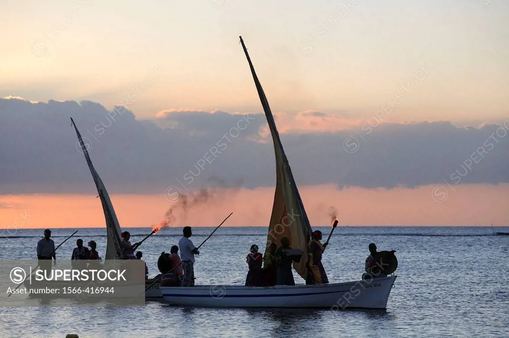 Mauritius, Trou aux Biches, sunset, sailboats, people