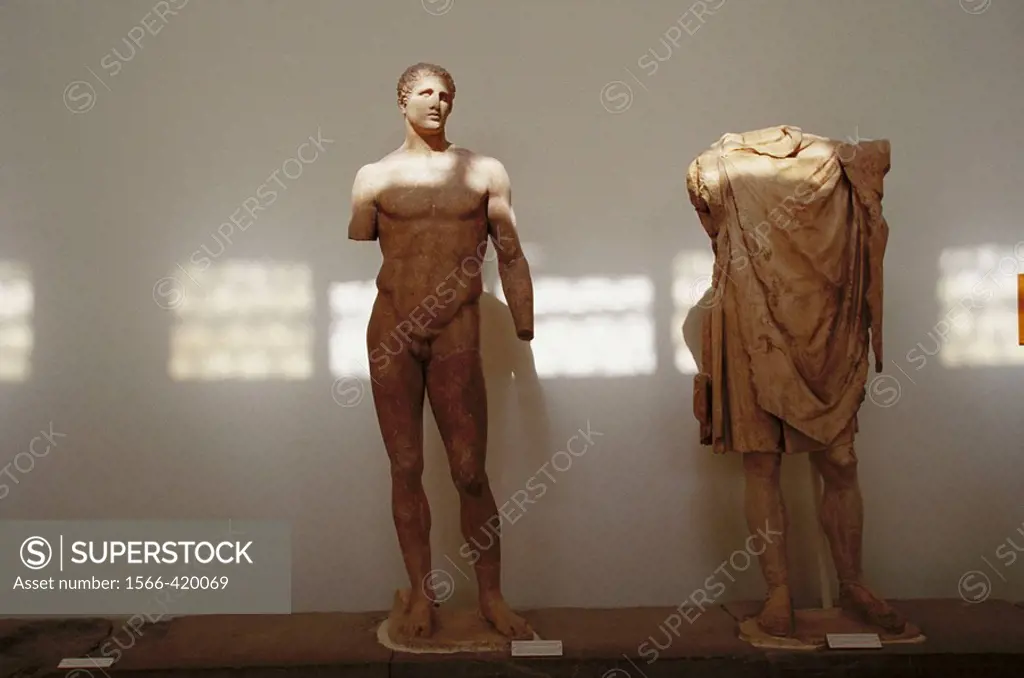 Statue of the athlete Hagias (marble copy of a bronze original 340 B.C.) in museum at Delphi archaeological site. Peloponnese, Greece