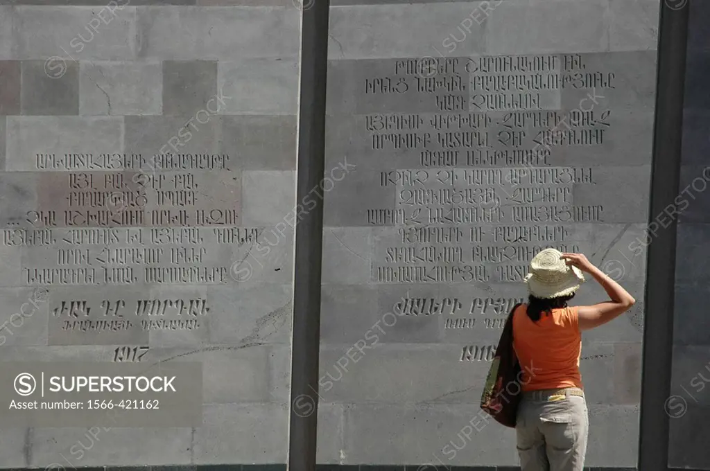 Yerevan, Armenia: a visitor at the Mausoleum of The Armenian Genocide