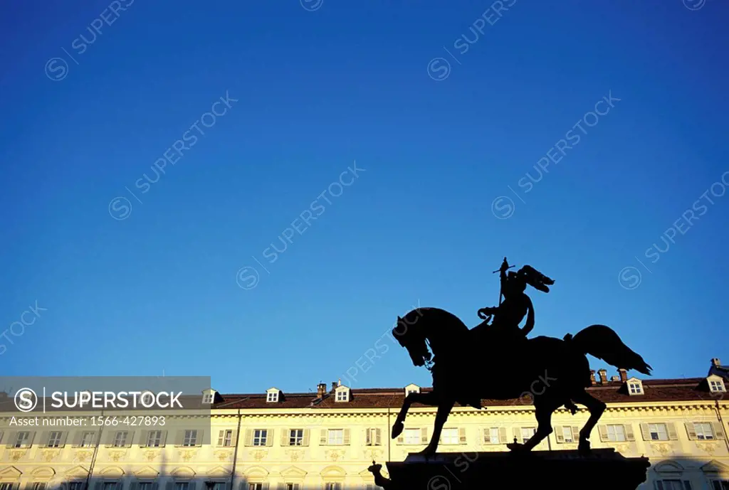 Italy, Piedmont, Turin, Piazza San Carlo, Emmanuel Philibert equestrian monument.
