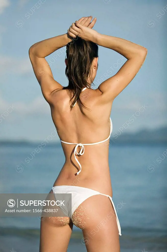 Back view of a brunette woman in bikini looking at the sea