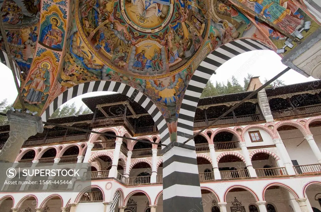 Rila monastery, ceiling frescos of Mary`s Birth Church ans residential building, Bulgaria