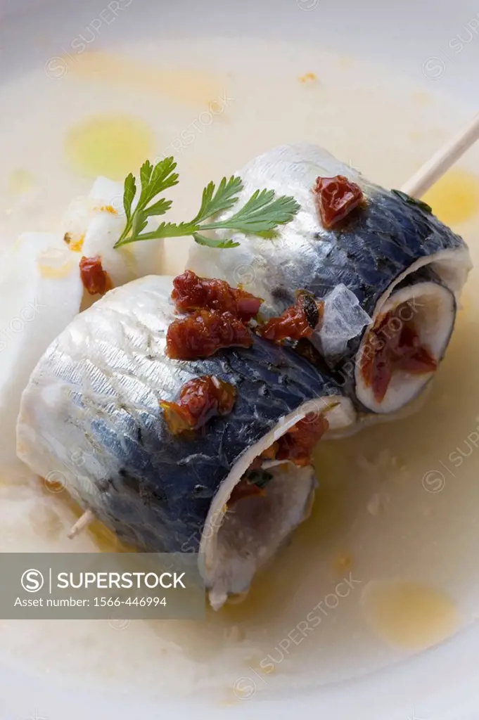 Marinated sardines with Arzua cheese, tomato water and dried tomato at restaurant A Estacion by chefs  Xoan Crujeiras and Beatriz Sotelo, Cambre. La C...