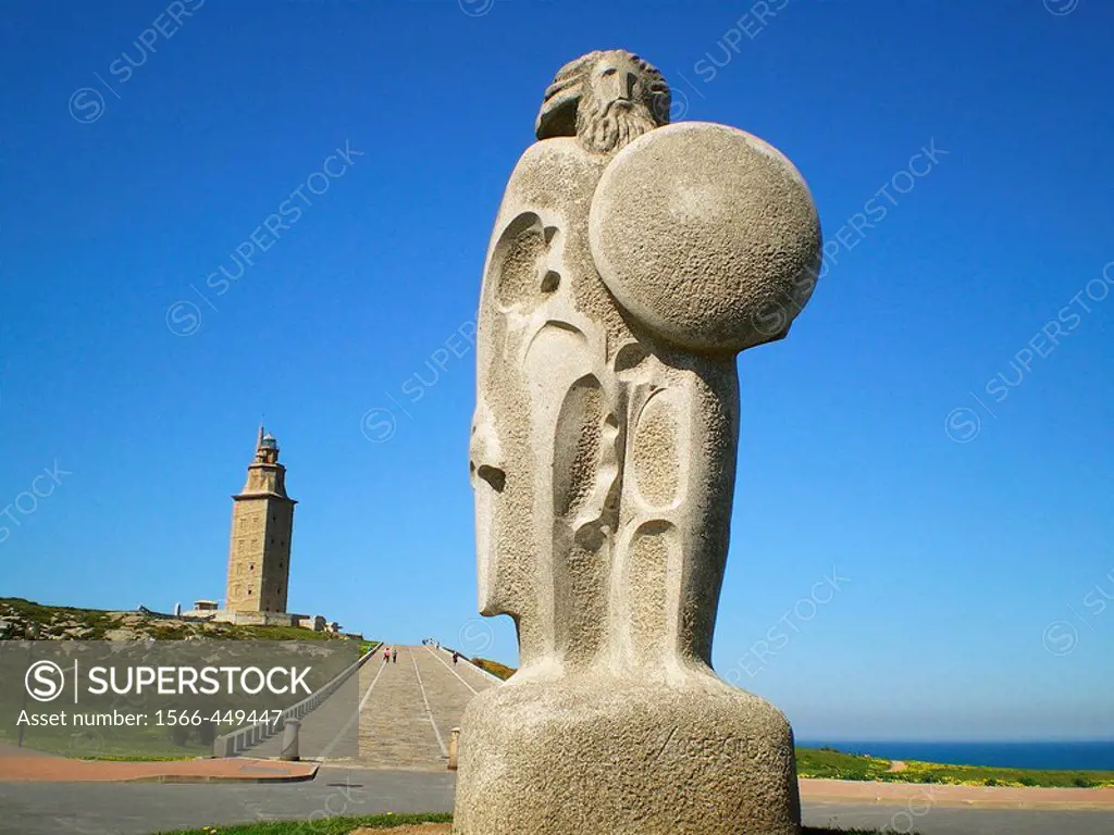Breogan statue and Hercules tower. A Coruña, Galicia, Spain