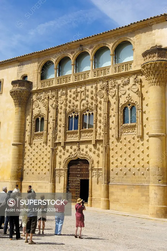 Tourists in front of Jabalquinto Palace (16th century), Baeza. Jaen province, Andalusia, Spain