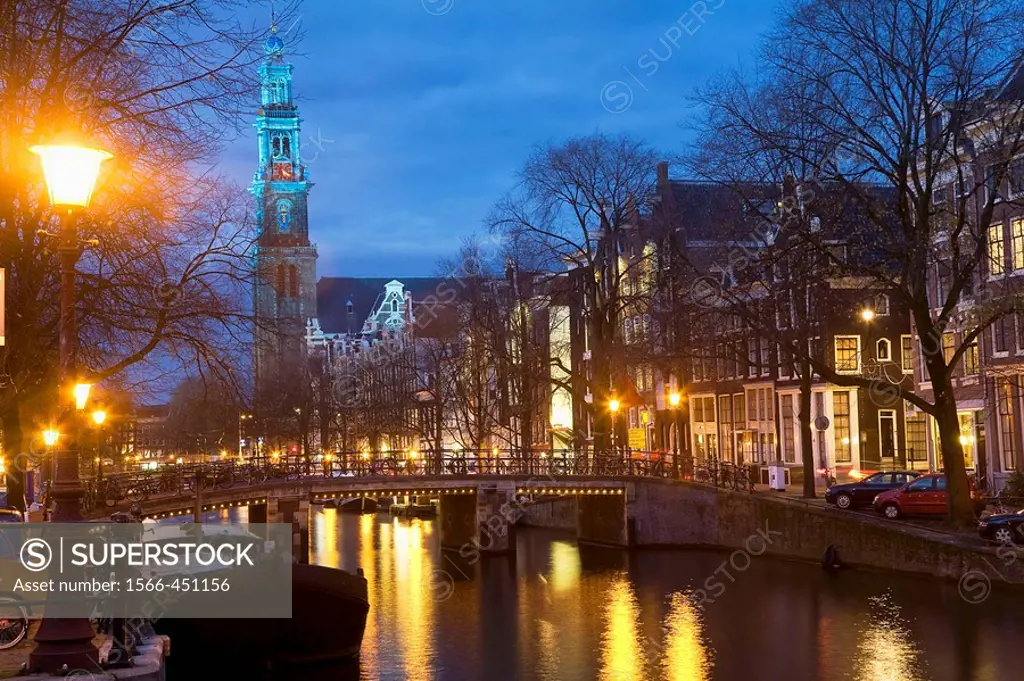 Prinsengracht & Westerkerk, Amsterdam, The Netherlands. Westerkerk Church & Prinsengracht