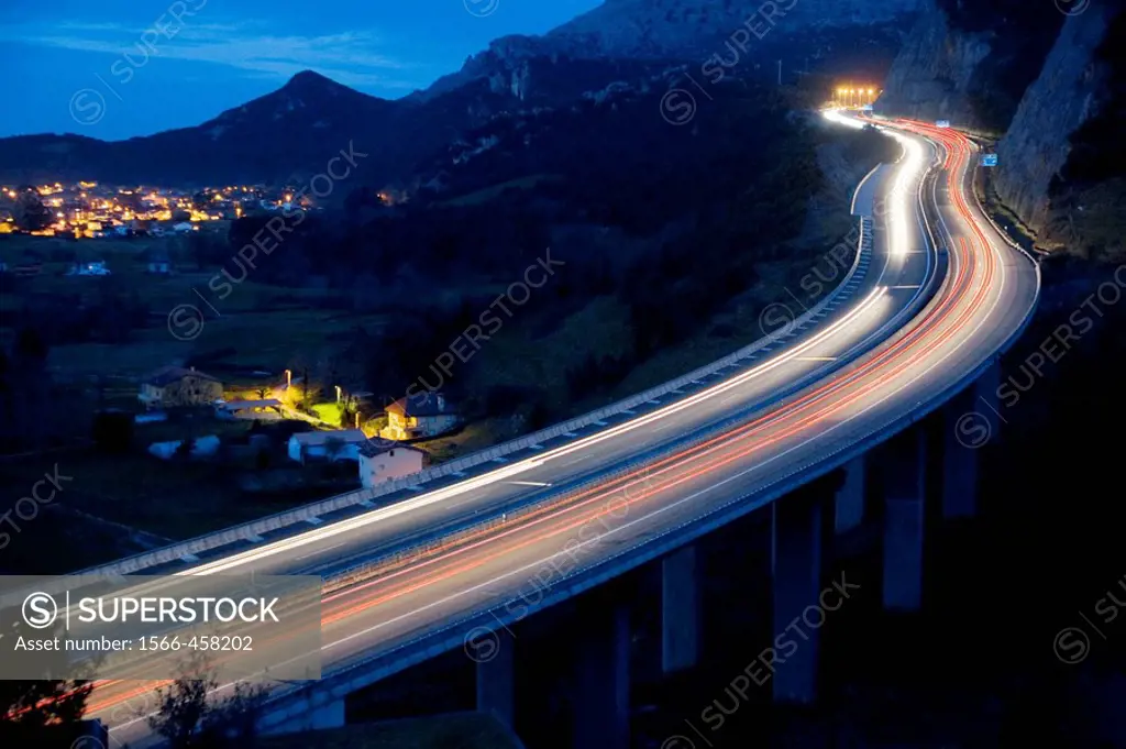 motorway bridge at night  Liendo valley, Cantabria, Spain, Europe