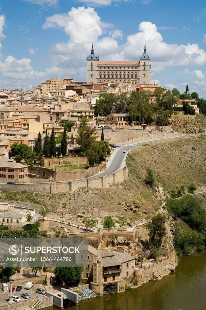 Tajo River and Toledo city view with the Alcazar fortress, Toledo. Castilla-La Mancha, Spain