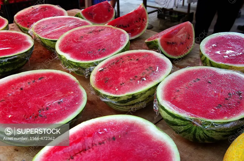 Watermelons for sale at market, Santanyi. Majorca, Balearic Islands, Spain