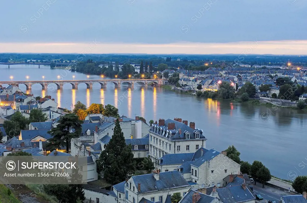 Stone Bridge and Loire River at dusk. Maine_et_Loire . Saumur. Loire Valley. France
