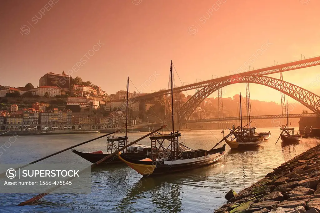 Porto Wine Carrying Barcos Barges, River Douro and city skyline, Porto UNESCO World Heritage, Portugal
