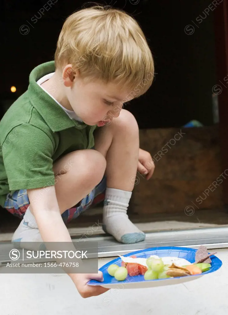 A small boy with a plate of food