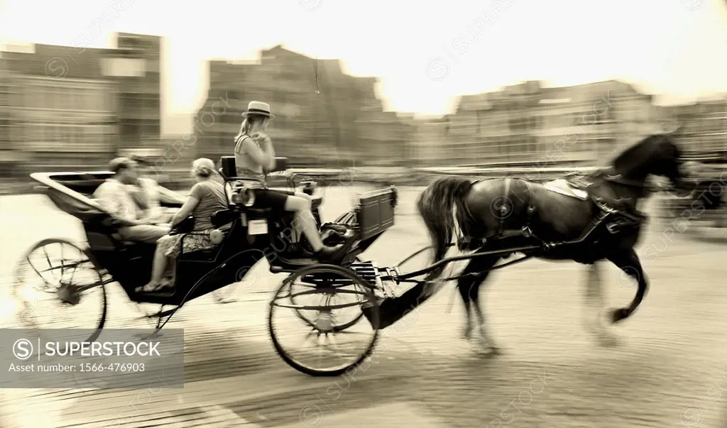Carriage in the Big Market square, Bruges, Wet Flanders, Flemish Region, Belgium, Europe