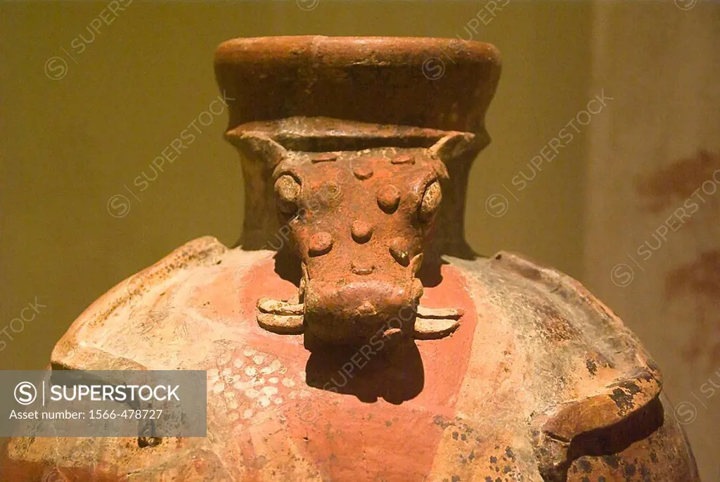 El  Salvador. San Salvador city. MUNA (National Museum of Antropology).Vessel of ceramic polychrome zoomorphic from the Joya de Cerén.Detail .Pre-Colu...